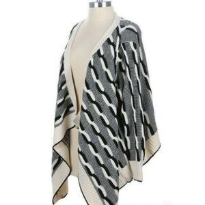 Boho Braided Knit Waterfall Open Front Cable Knit Cardigan One Size Black Cream